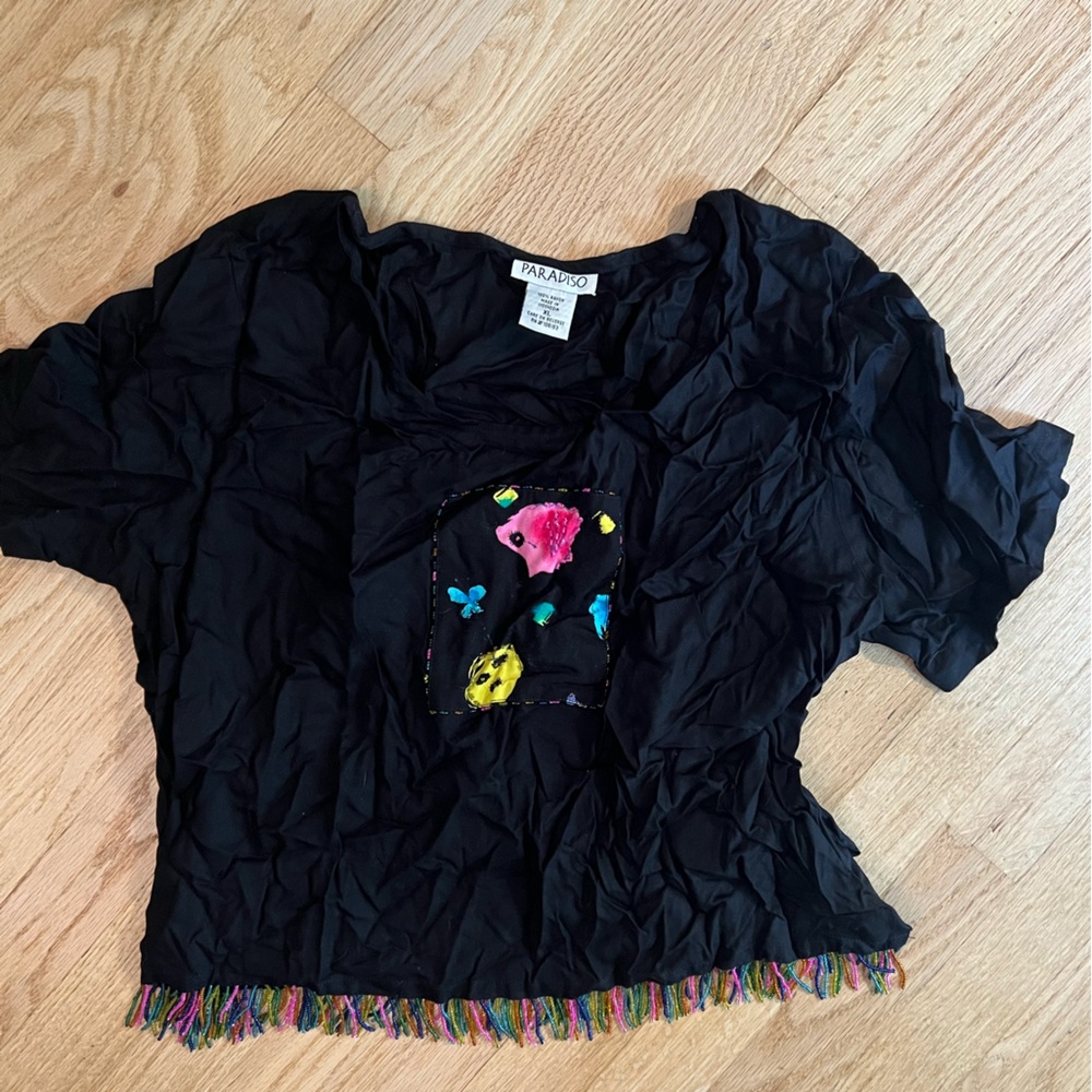 Black Ruched Puff Sleeve Blouse with Embellishments